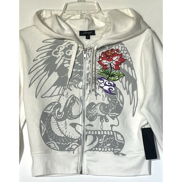 Ed Hardy White Tiger Rose 100%Cotton Drawstring Zip Crop Hoodie Jacket Sz L - Picture 10 of 11